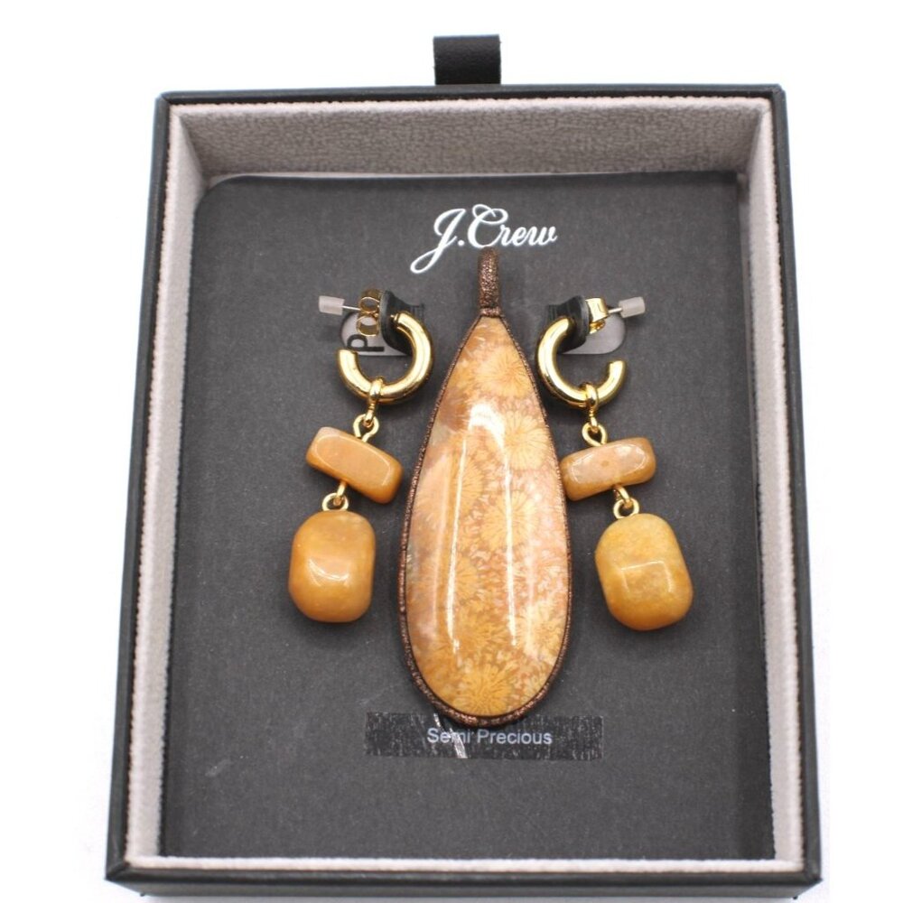 NEW J.Crew Semi-Precious Teardrop Floral Pendant Earring Set Bronze Gold Setting